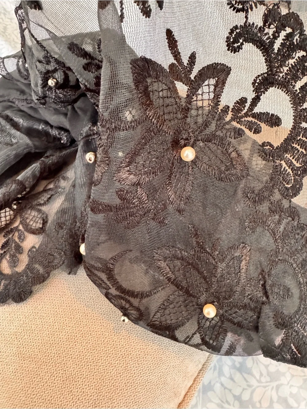 Black Lace Pearl Accent Scarf - Women Accessories